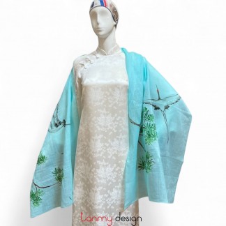 Khăn gai dài màu xanh bạc hà vẽ tay hình tùng hạc 70*190cm